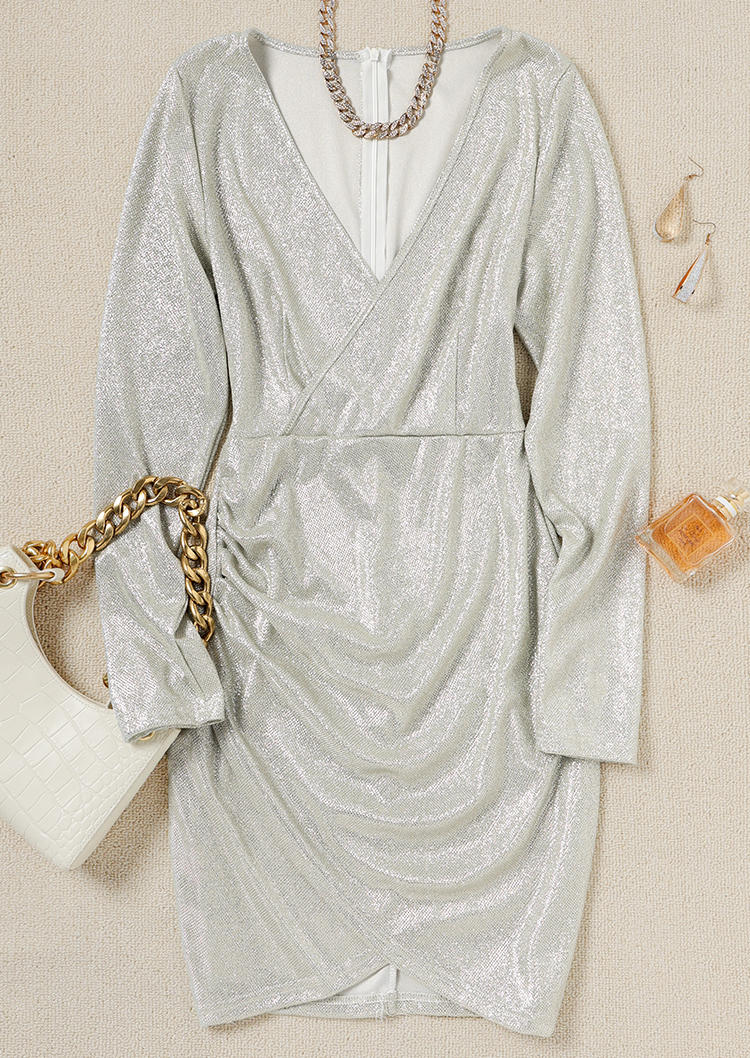 Mini Dresses Wrap V-Neck Long Sleeve Mini Dress in Silver. Size: M,L