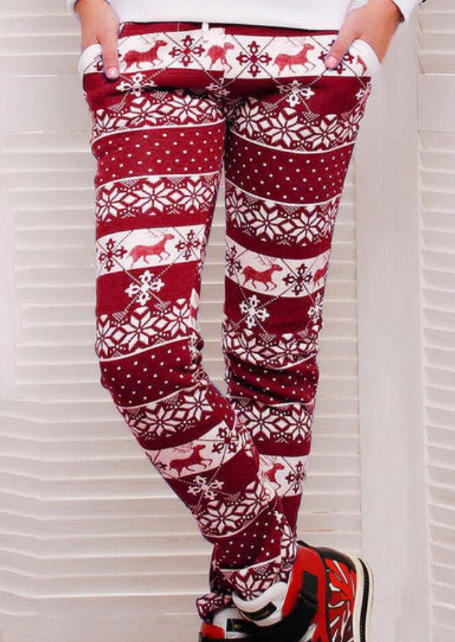 

Pants Christmas Reindeer Snowflake Pocket Pants in Red. Size