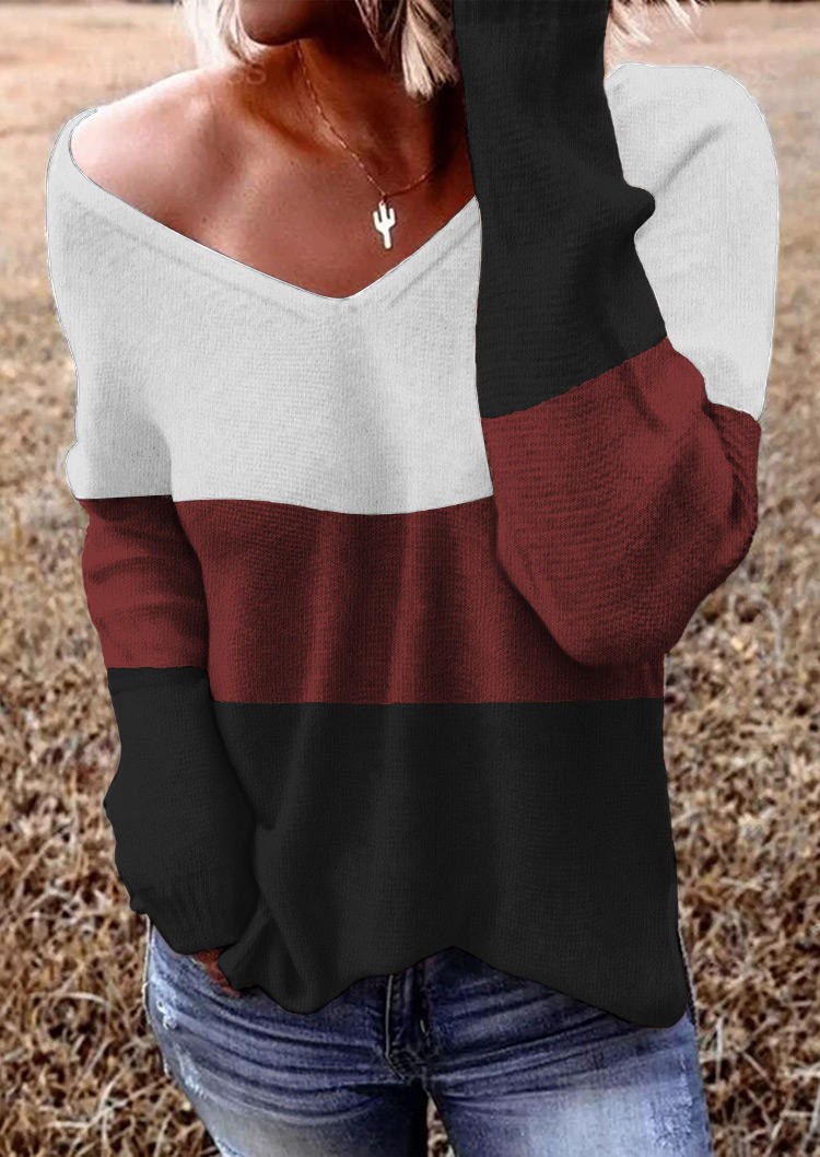 Sweaters Color Block Long Sleeve V-Neck Sweater in Multicolor. Size: S,XL
