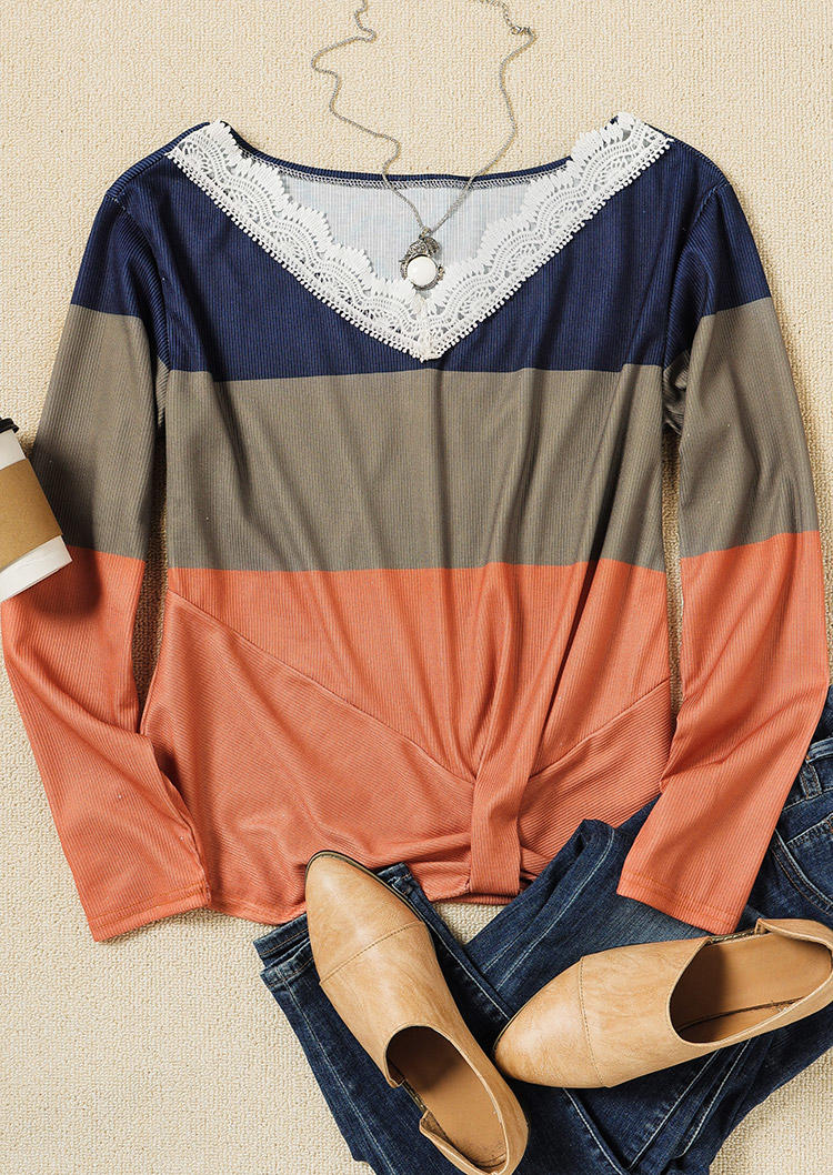 

Blouses Lace Color Block Splicing Twist Long Sleeve Blouse in Multicolor. Size