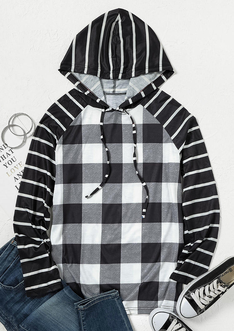 Blouses Striped Plaid Long Sleeve Hooded Blouse in Plaid. Size: S,L