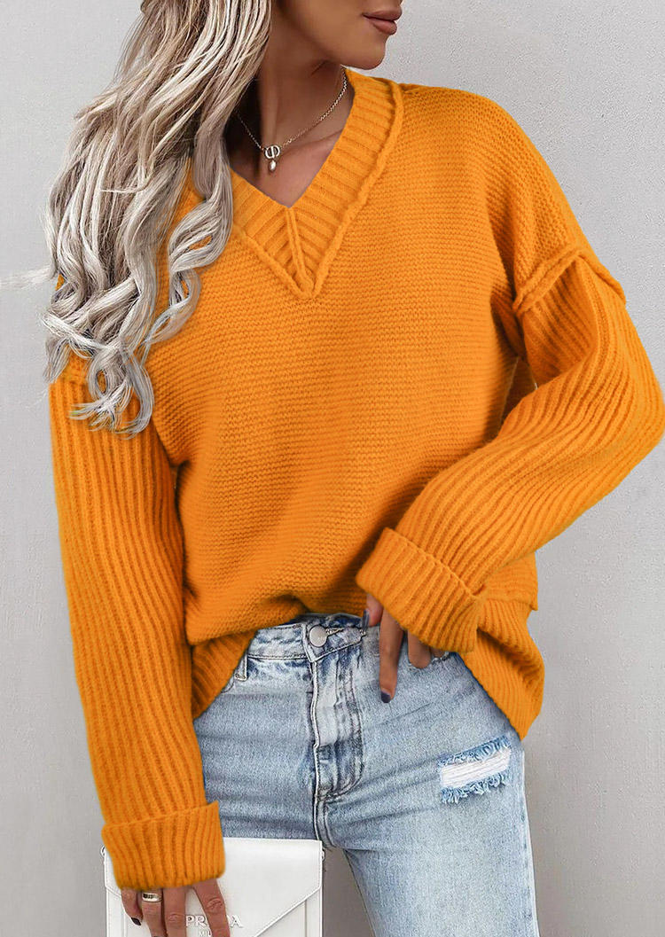 

Sweaters Long Sleeve V-Neck Knitted Pullover Sweater in Orange. Size