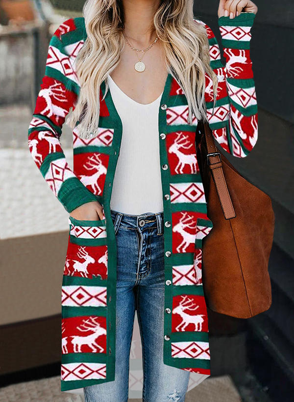 

Cardigans Christmas Reindeer Pocket Long Sleeve Cardigan in Multicolor. Size