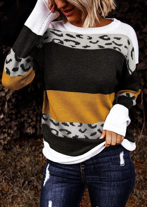 Sweaters Leopard Color Block O-Neck Sweater in Multicolor. Size: L