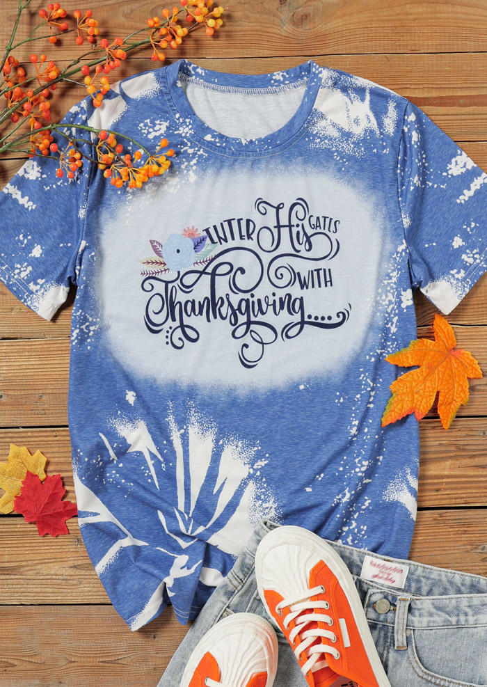 

T-shirts Tees Thanksgiving Bleached O-Neck T-Shirt Tee in Blue. Size: ,M,L,XL