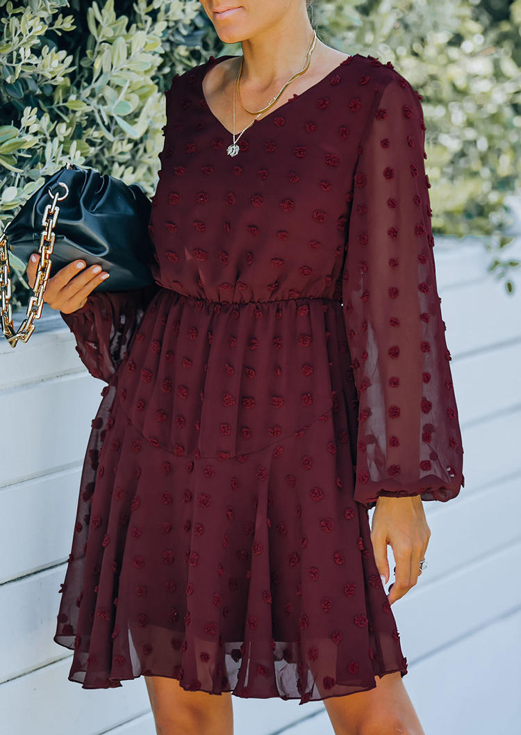 

Mini Dresses Mesh Dotted Swiss Elastic Cuff Mini Dress in Burgundy. Size