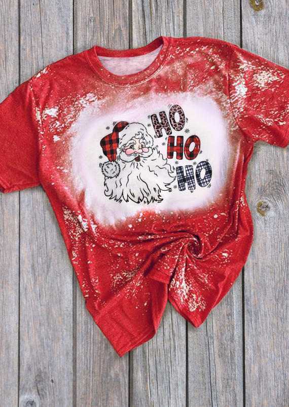 T-shirts Tees Santa Ho Ho Ho Plaid Leopard Bleached T-Shirt Tee in Red. Size: S