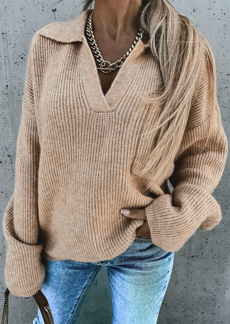 

Sweaters Pocket Long Sleeve Turn-down Collar Sweater in Khaki. Size