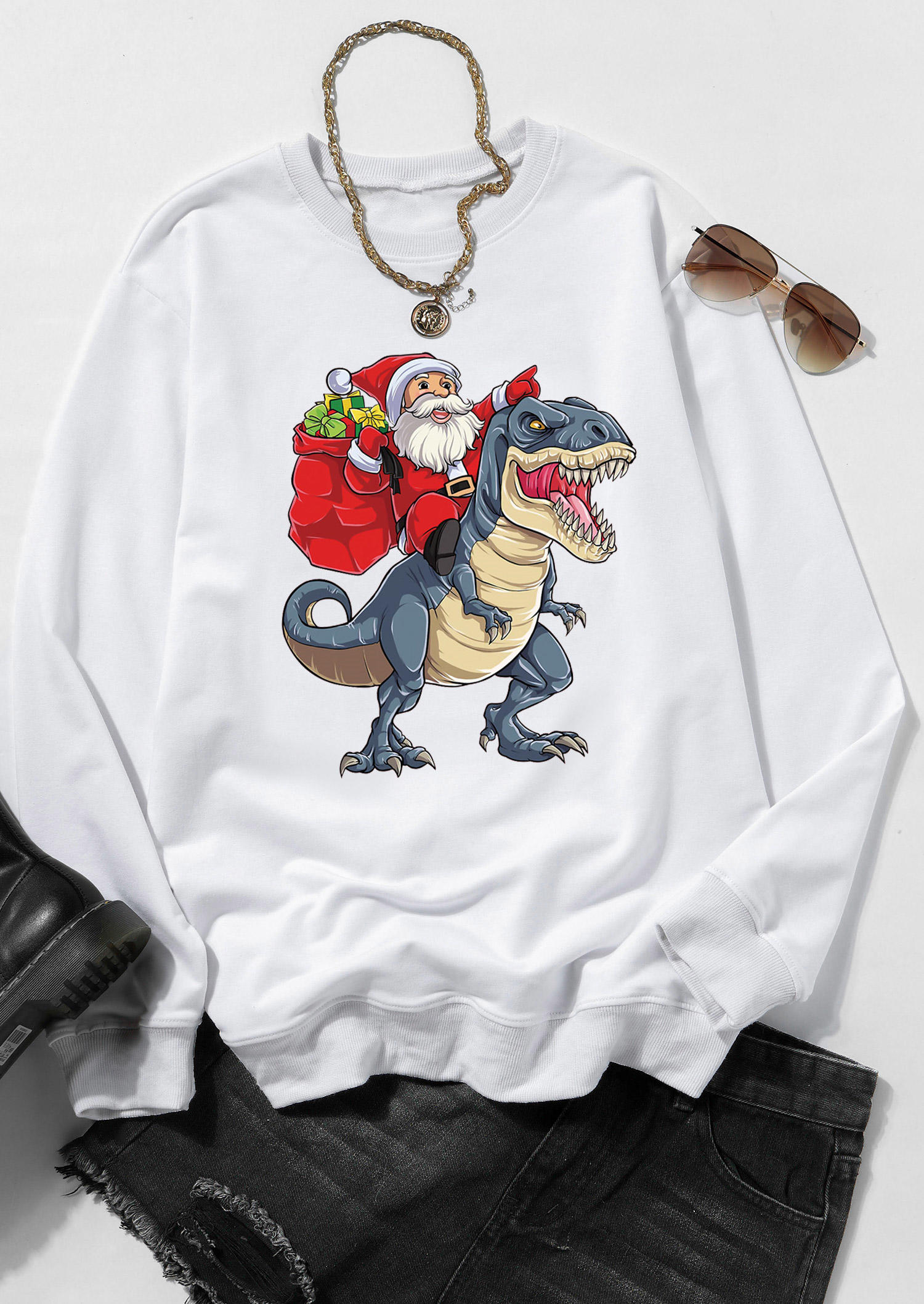 Christmas Santa Claus Dinosaur Sweatshirt - White