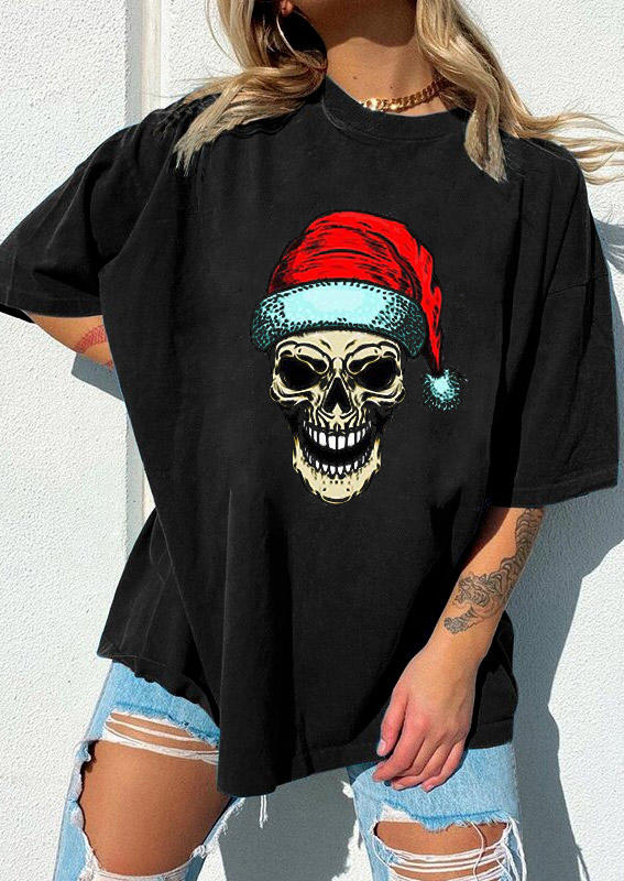 

T-shirts Tees Christmas Skull O-Neck T-Shirt Tee in Black. Size: ,M,L,XL