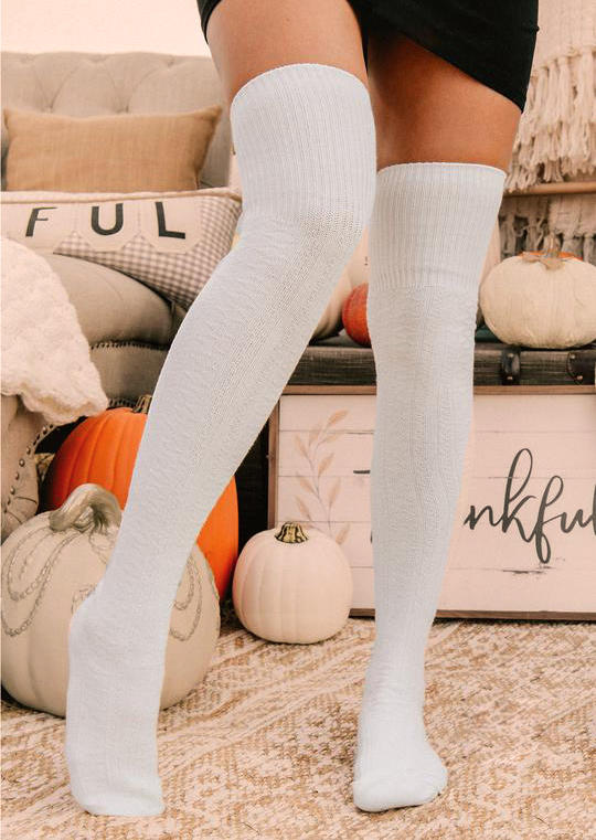 

Knee-High Socks Soft Warm Over Knee Crimping Socks in White. Size