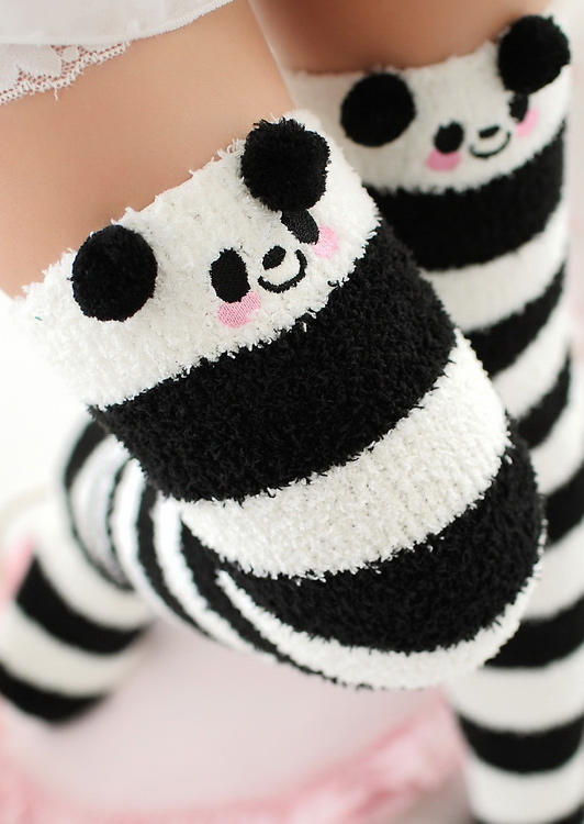 

Knee-High Socks Cute Cartoon Striped Fleece Thigh-High Socks in Black,White. Size