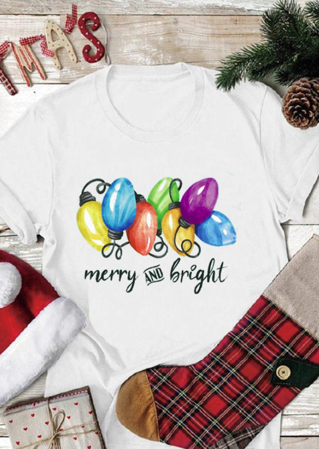 

T-shirts Tees Christmas Merry And Bright T-Shirt Tee in White. Size: ,M,L