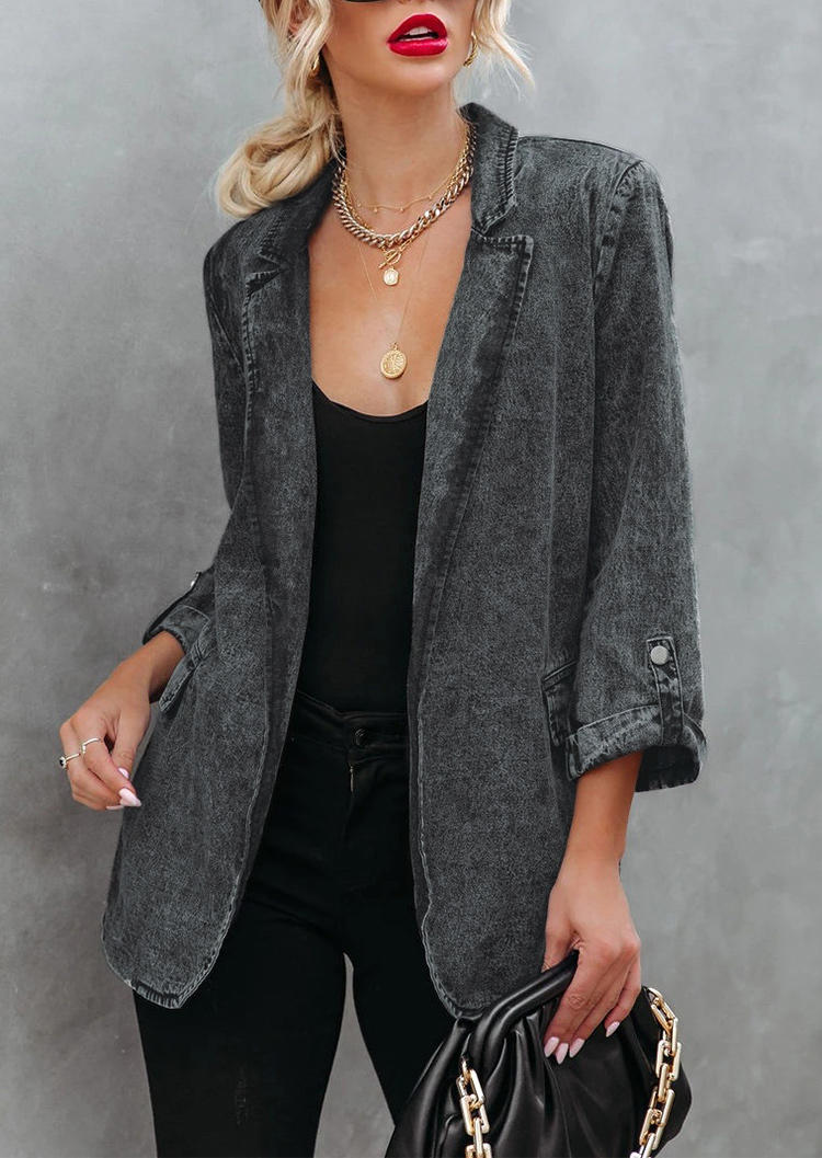 

Blazers Washed Denim Turn-down Collar Blazer in Black. Size: ,M,L,XL
