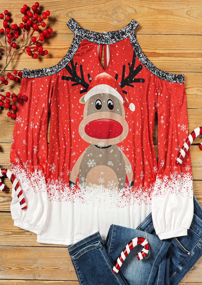 

Blouses Christmas Reindeer Cold Shoulder Blouse in Red. Size