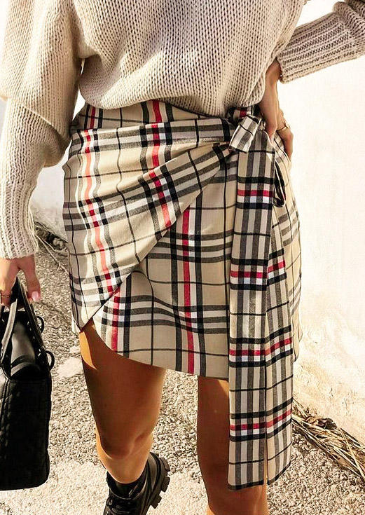 Skirts Plaid Irregular Tie Skirt in Khaki. Size: L,M,S,XL