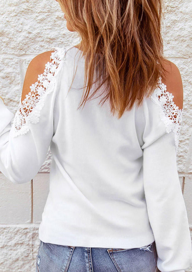 

Blouses Lace Splicing Hollow Out Cold Shoulder Blouse in White. Size: ,XL