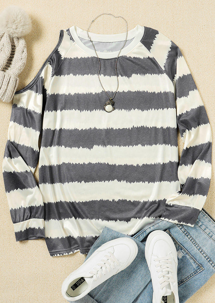 

Blouses Striped One Sided Cold Shoulder Blouse in Gray. Size