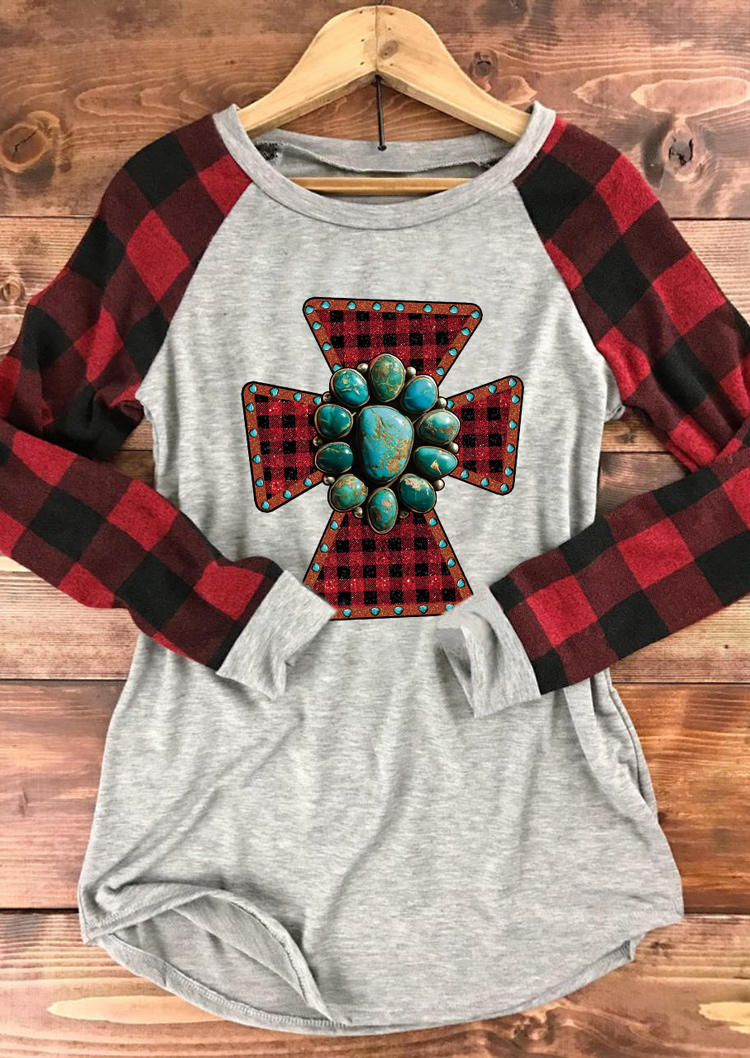 T-shirts Tees Plaid Turquoise Cross Long Sleeve T-Shirt Tee - Light Grey in Gray. Size: L,M,S,XL