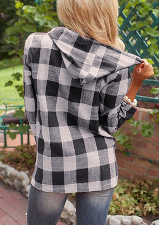 Blouses Plaid Kangaroo Pocket Hooded Blouse in Multicolor. Size: L,M,S