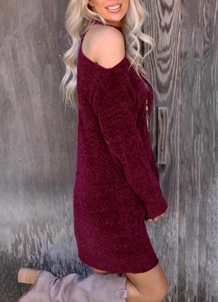 Mini Dresses One Sided Cold Shoulder Sweater Mini Dress - Burgundy in Red. Size: L,M,S,XL