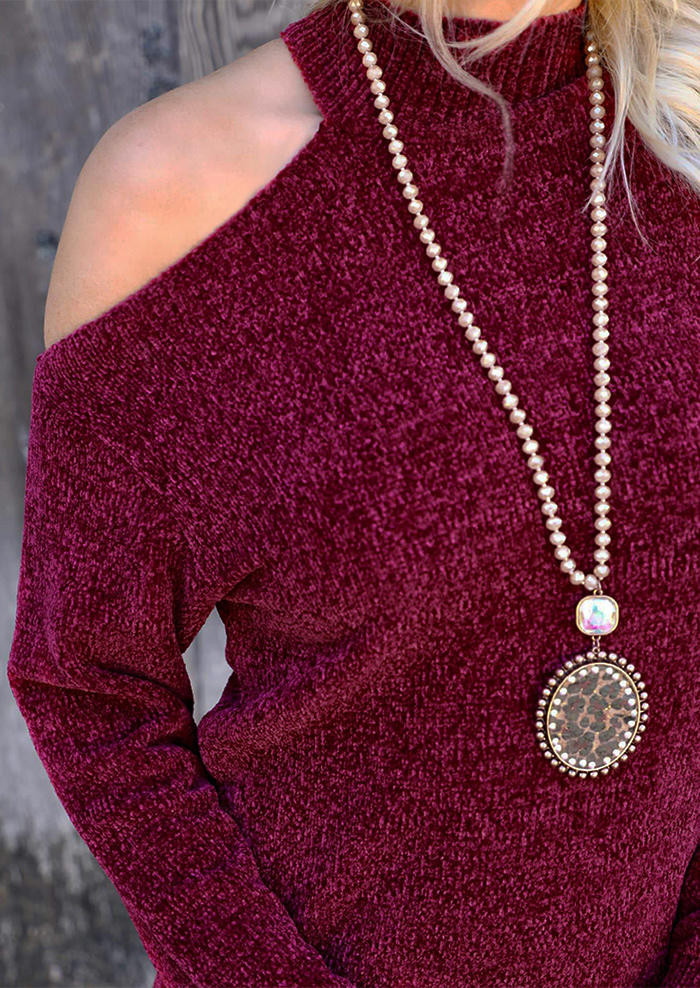 One Sided Cold Shoulder Sweater Mini Dress - Burgundy