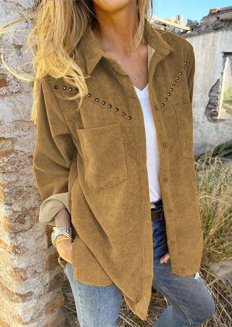 

Coats Pocket Corduroy Rivet Long Sleeve Shirt Coat in Khaki. Size