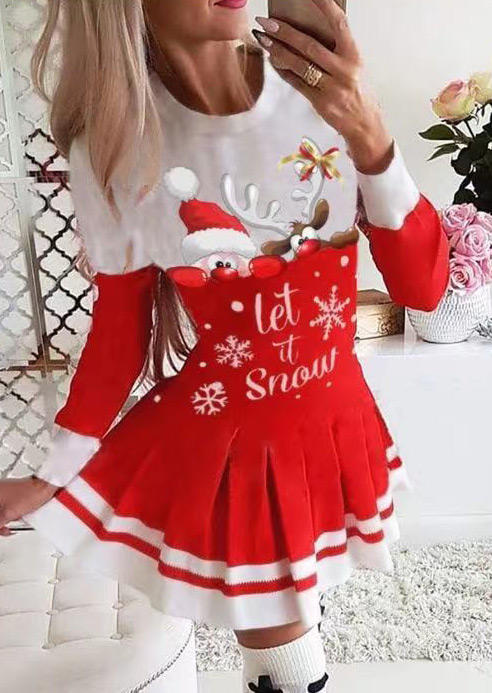 Mini Dresses Christmas Let It Snow Santa Claus Pleated Mini Dress in Red. Size: S,M