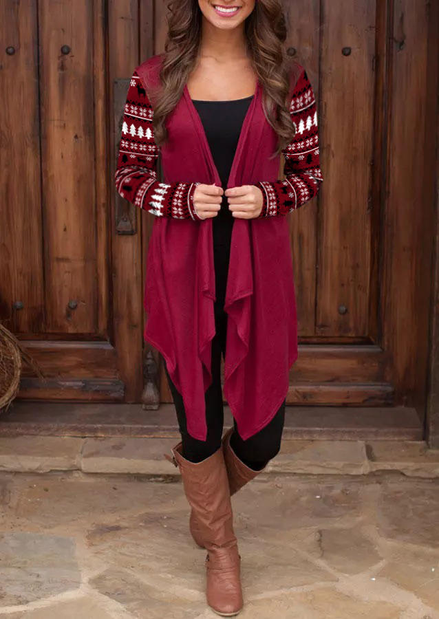 

Cardigans Christmas Tree Irregular Long Sleeve Cardigan in Rose Red. Size: ,M,L,XL