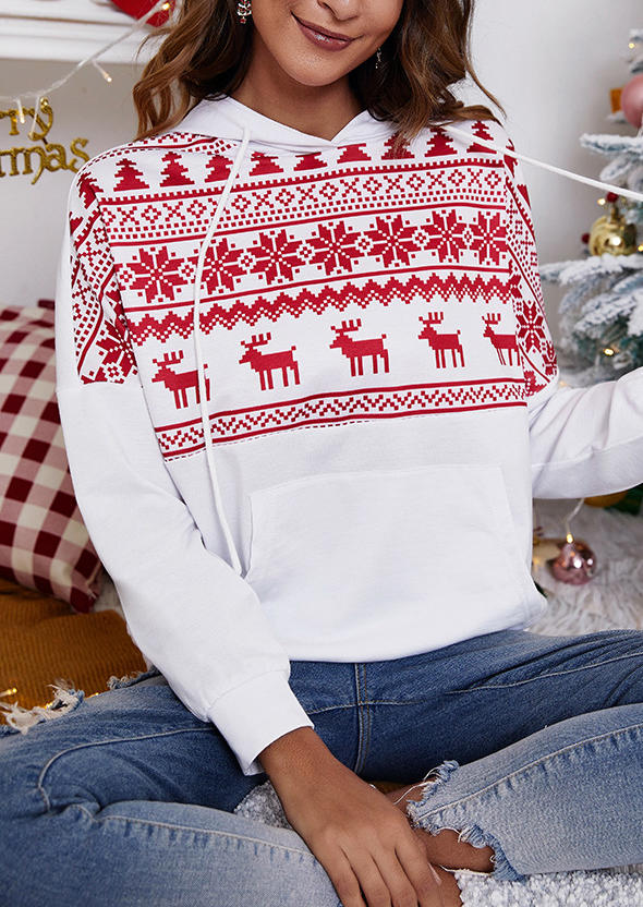 

Hoodies Christmas Tree Reindeer Kangaroo Pocket Hoodie in White. Size