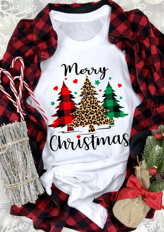 

T-shirts Tees Merry Christmas Leopard Plaid T-Shirt Tee in White. Size: ,M,XL