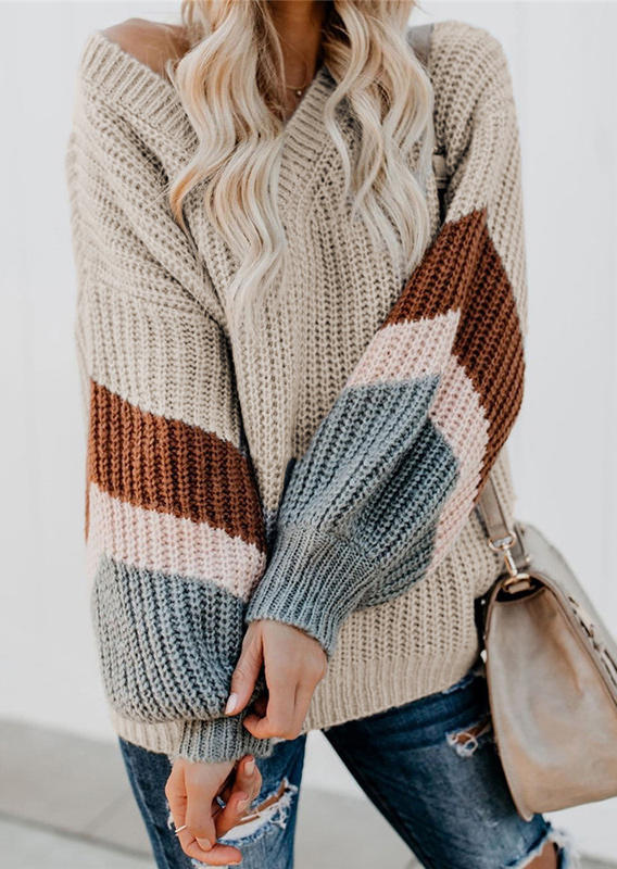 

Sweaters Color Block V-Neck Knitted Sweater in Khaki. Size: ,M,L,XL
