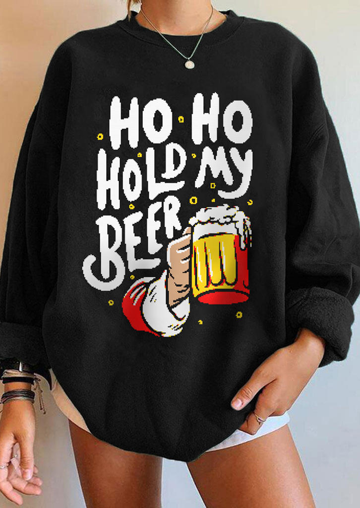 Ho Ho Hold My Beer Long Sleeve Sweatshirt - Black