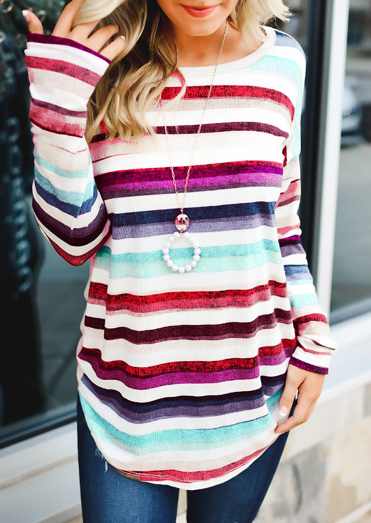 Blouses Colorful Striped O-Neck Long Sleeve Blouse in Multicolor. Size: 2XL,3XL,L,M,S,XL