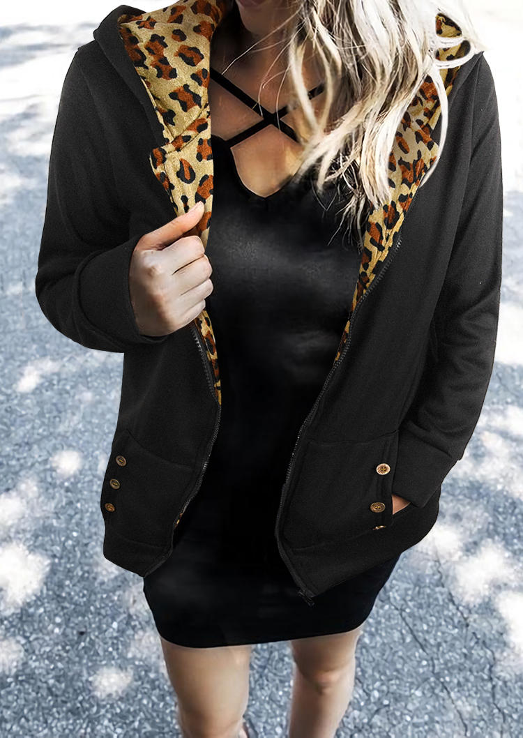 

Coats Leopard Button Zipper Pocket Hooded Coat in Black. Size