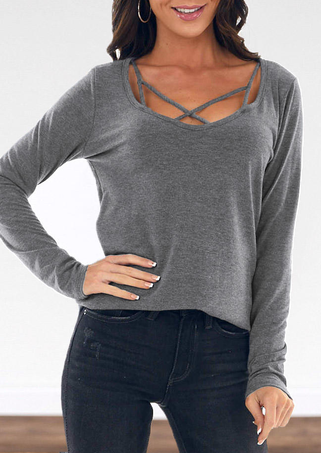 

Blouses Hollow Out Criss-Cross Long Sleeve Blouse in Gray. Size