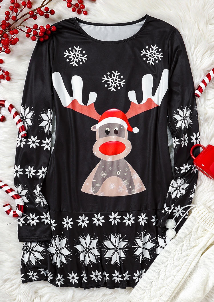 Mini Dresses Reindeer Snowflake Mini Dress in Black. Size: M,L,XL
