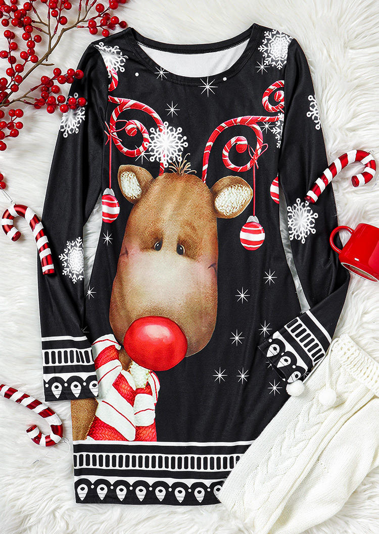 Christmas Reindeer Long Sleeve Mini Dress - Black