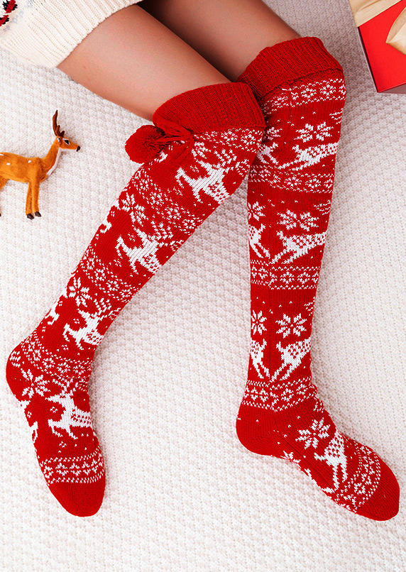 Christmas Reindeer Knitted Thigh-High Socks - Red