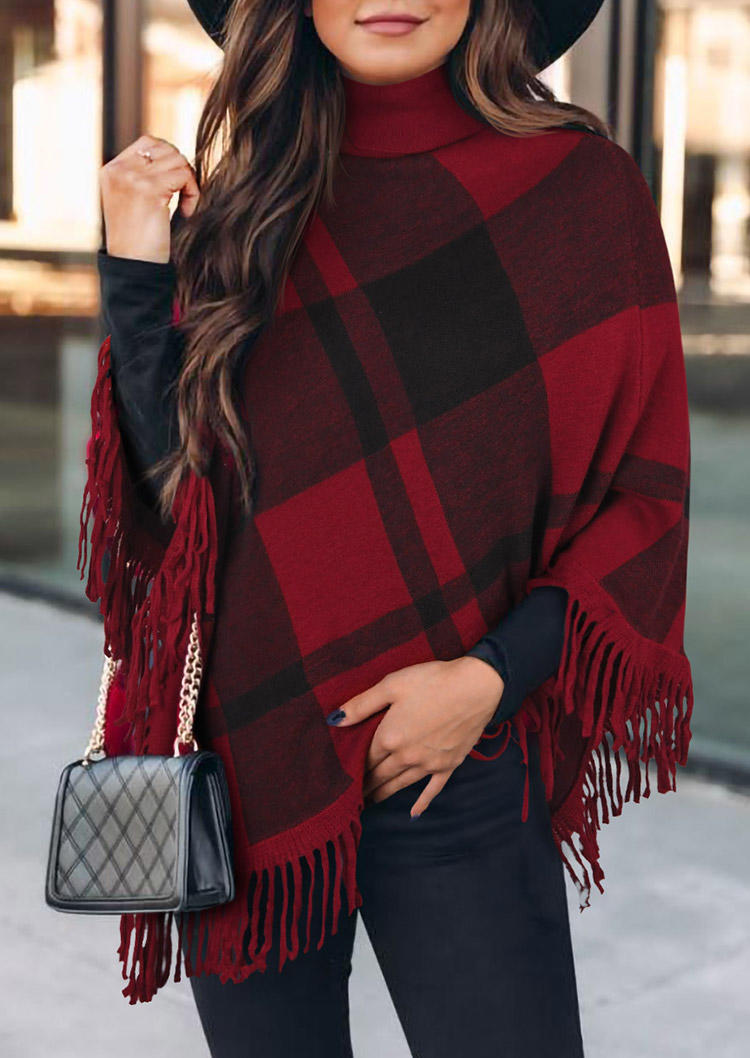 

Coats Plaid Tassel Turtleneck Cloak Coat in Red. Size
