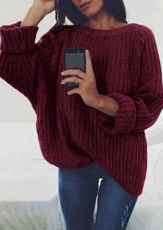 

Sweaters O-Neck Long Sleeve Pullover Sweater in Burgundy. Size