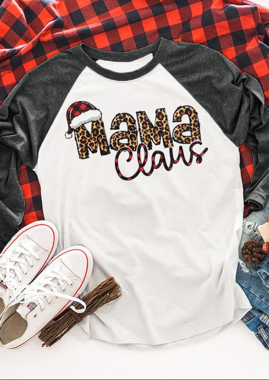 T-shirts Tees Mama Claus Leopard Hat T-Shirt Tee in White. Size: L,M,S,XL