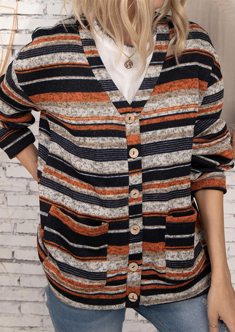 

Sweaters Striped Button Knitted V-Neck Cardigan Sweater in Multicolor. Size: ,M,L,XL