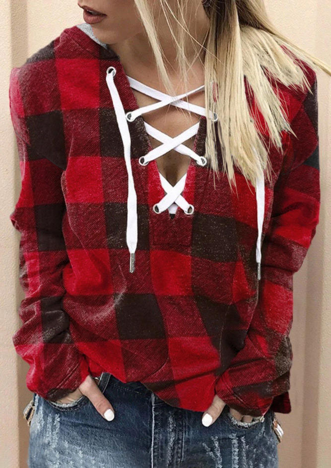 Blouses Buffalo Plaid Lace Up Long Sleeve Blouse in Red. Size: M