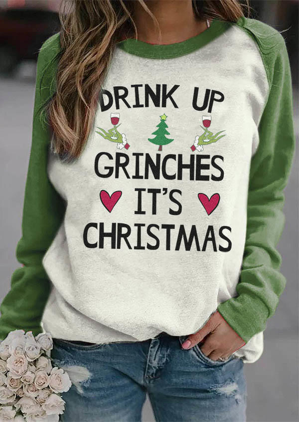 Sweatshirts Drink Up It's Christmas Cartoon Hand Heart Sweatshirt in Green. Size: L,M,XL