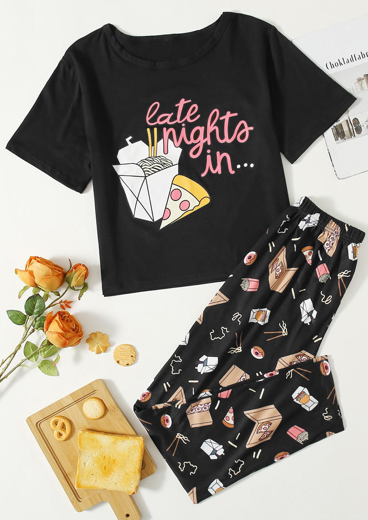 Sleepwear Late Night In T-Shirt Tee And Food Pants Pajama Set in Black. Size: L,M,S,XL