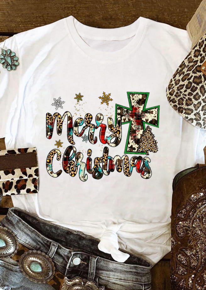 

T-shirts Tees Merry Christmas Leopard Cross T-Shirt Tee in White. Size: ,M,XL