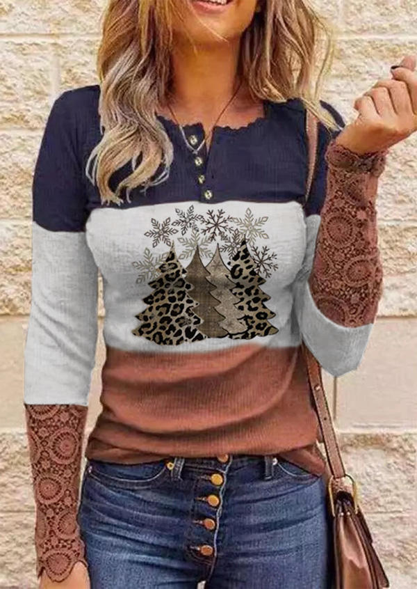 Blouses Lace Splicing Button Leopard Tree Snowflake Blouse in Multicolor. Size: L,XL