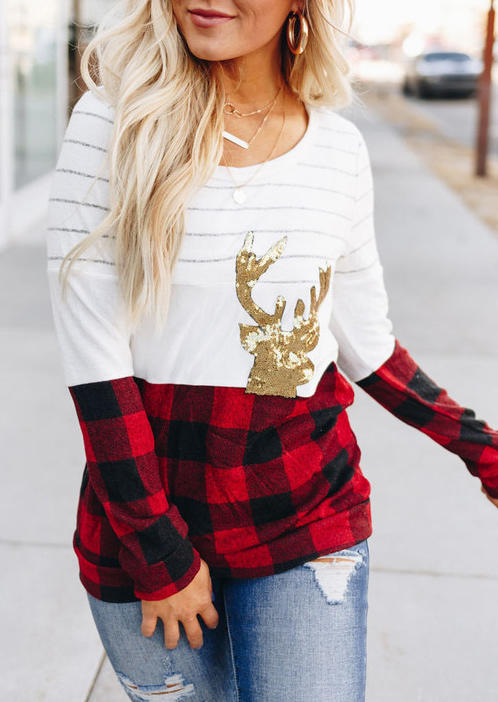 Blouses Reindeer Striped Plaid Long Sleeve Blouse in Multicolor. Size: S