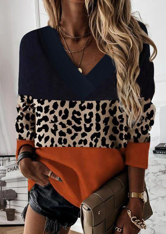 Blouses Leopard Color Block Long Sleeve Blouse in Red. Size: S